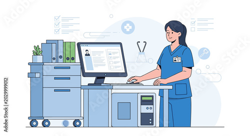 Nurse Using Computer for Patient Records and Telemedicine in Modern Clinic