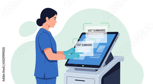 Nurse using digital kiosk for patient visit summaries and health records