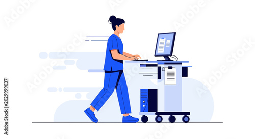 Nurse Using Computer on Medical Cart for Patient Care and Health Records