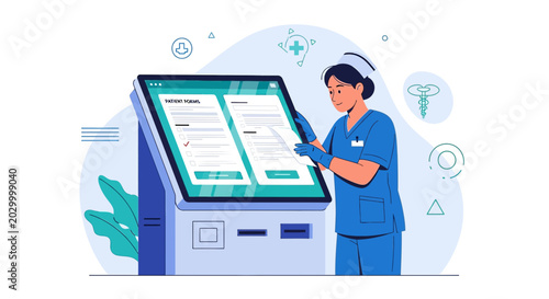 Nurse using digital kiosk for patient registration and health record update in modern clinic