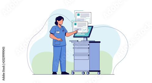 Nurse Using Digital Medical Cart for Patient Data and Health Records