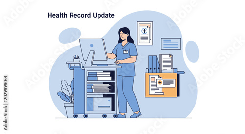 Nurse Updates Health Record on Computer at Medical Cart, Modern Healthcare Concept