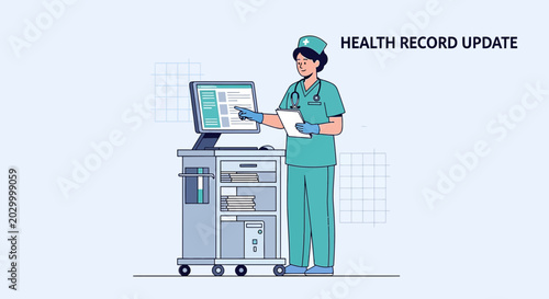 Nurse Updates Health Record on Computer at Medical Cart