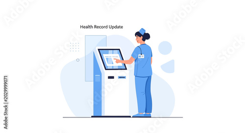 Nurse Updates Health Record on Digital Kiosk in Modern Clinic
