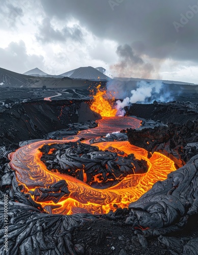 Fiery molten lava flows through a volcanic crater under a cloudy sky
