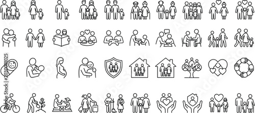Family & Relationships Line Icons Collection — Parents, Children & Generations Vector Set