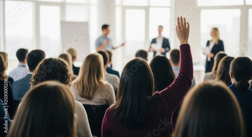 A group of diverse people in a bright room with large windows, listening to speakers. One person raises their hand to participate in this business meeting, conference, or training session.