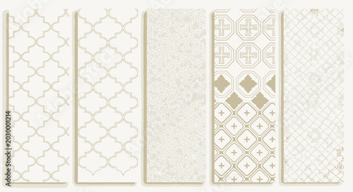 Elegant beige geometric pattern set, luxury seamless islamic ornament collection, 5 decorative vector backgrounds for premium branding and interior design