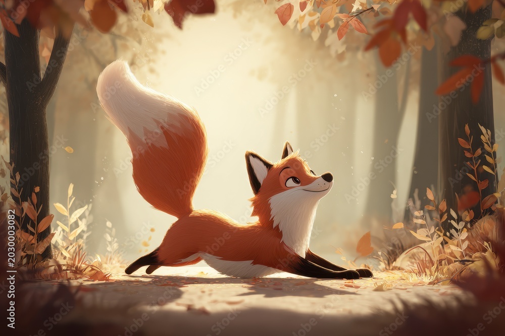 Fototapeta premium Whimsical fox mid-stretch in autumn woodland glow