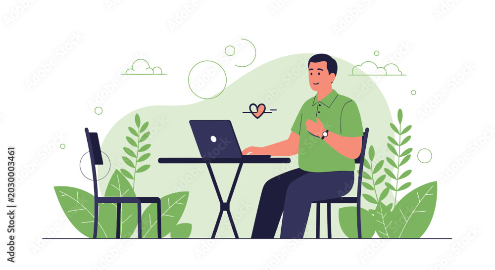 Fototapeta premium Man using laptop outdoors, heart icon, health concept, telemedicine, remote work