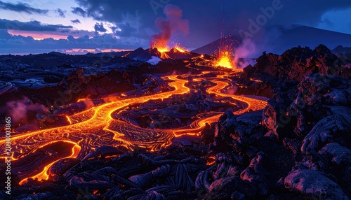 Fiery molten lava river flows across volcanic terrain at dusk