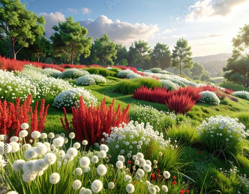 Rolling hills bloom with vibrant red and white flowers under a bright, sunny sky