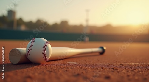 Baseball bat and ball on a baseball field with a baseball in the background sport background