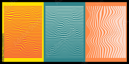 Photos Set of three trendy retro abstract posters featuring wavy line distortion effects in colorful geometric patterns