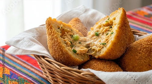 Cuadro en lienzo Close up of a steaming traditional Brazilian chicken croquette broken open to reveal a juicy, creamy melted cheese filling