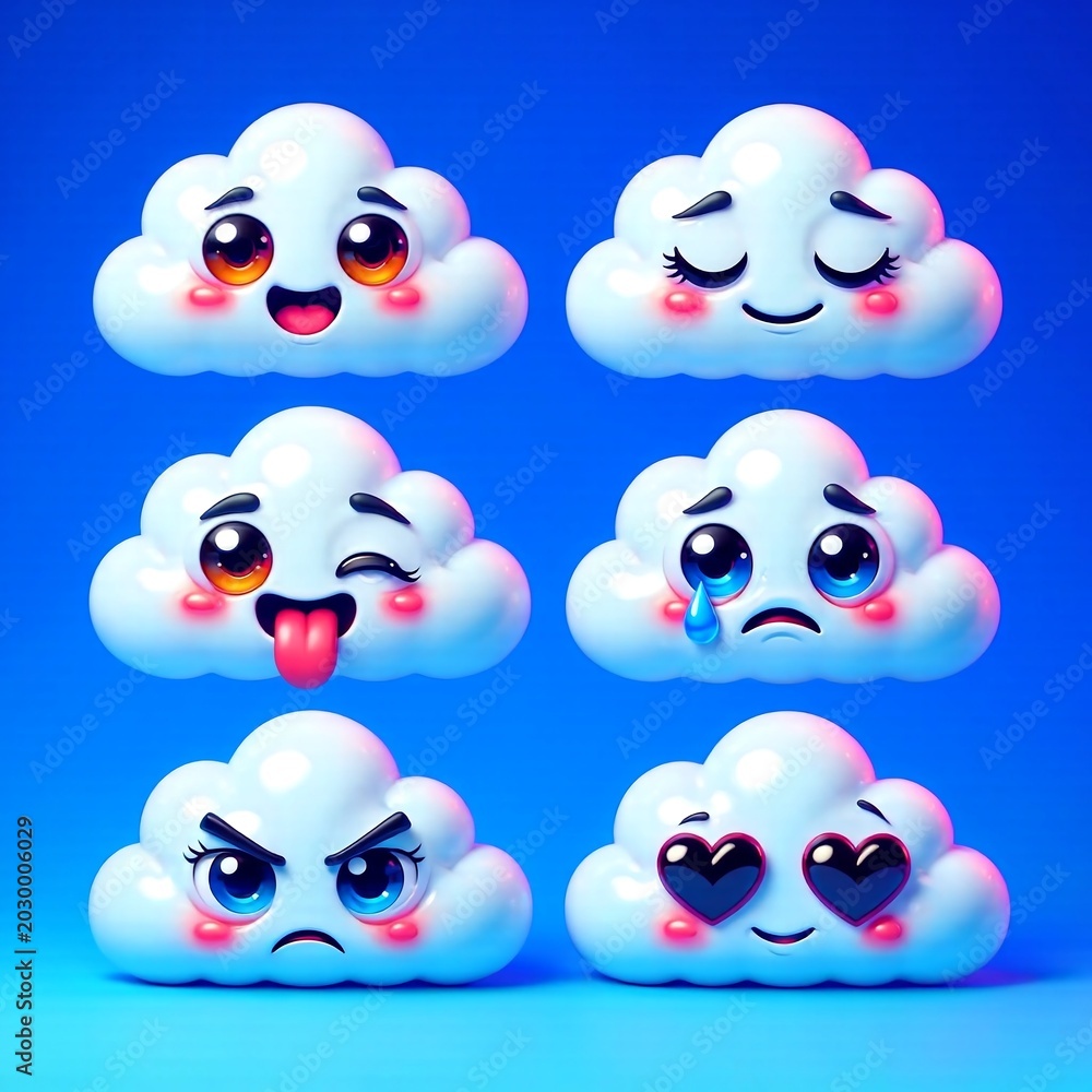Fototapeta premium Vibrant 3d rendered set of expressive cartoon clouds with diverse emotions on blue background.
