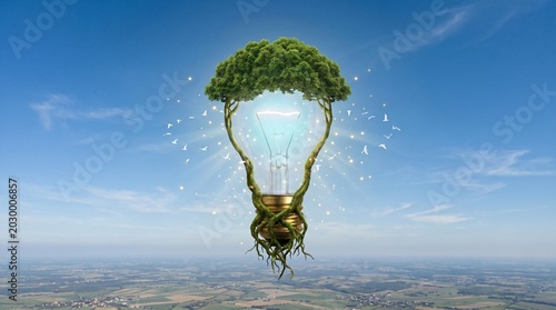 Green energy concept with tree and roots forming a glowing light bulb