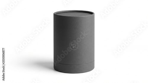 Minimalist gray cylinder packaging on white background for product display
