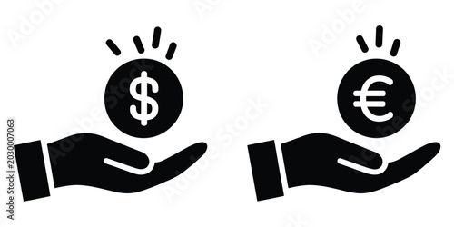 Hand holding dollar and euro coin icon representing payment service, money transfer and international finance transaction, vector