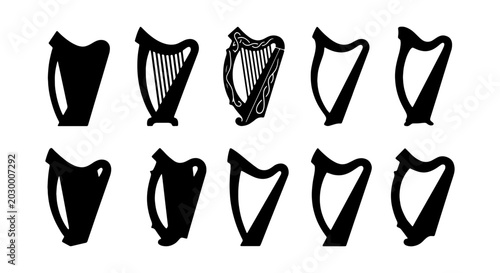 Tableau sur toile Irish Harp Icons, Celtic Music Symbols, Traditional String Instrument Silhouette