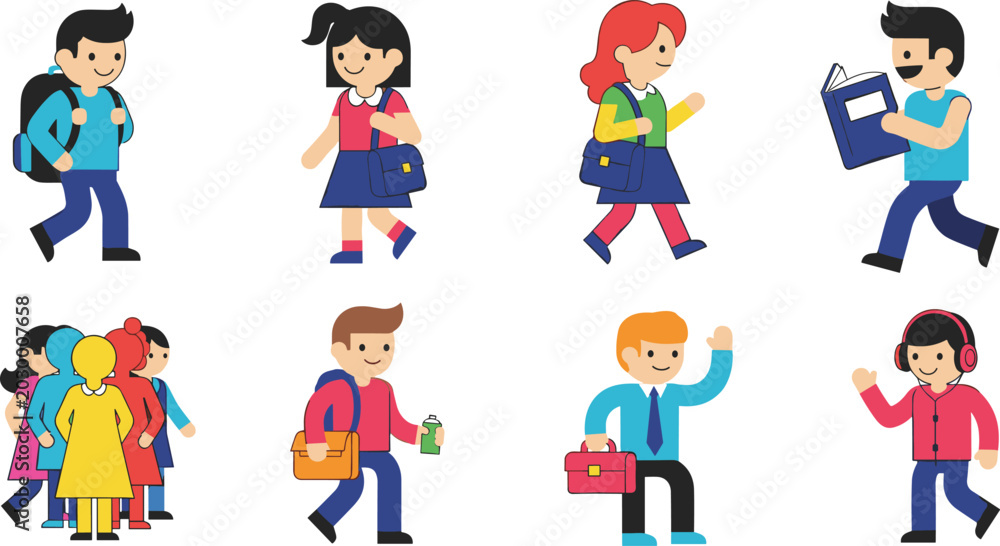 Fototapeta premium Colorful School Kids Character Icon Set with Students Walking, Reading, and Carrying Bags for Education and Back to School Designs