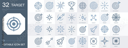 Comprehensive collection of thirty two target and achievement line art vector icons