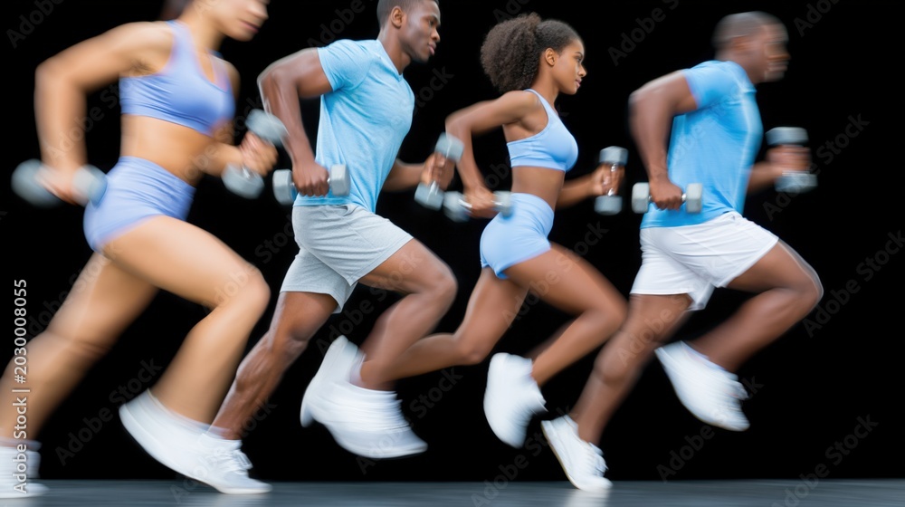 Fototapeta premium Group runners sprinting with dumbbells on black studio background