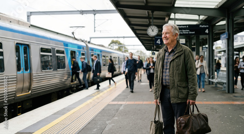 Smiling senior man waiting on a train station platform with luggage. Active elderly male passenger traveling by public transportation