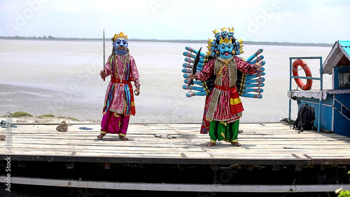 Photography Traditional Masked Performers Dancing on Riverside Boat, Majuli Mukha Shilpa