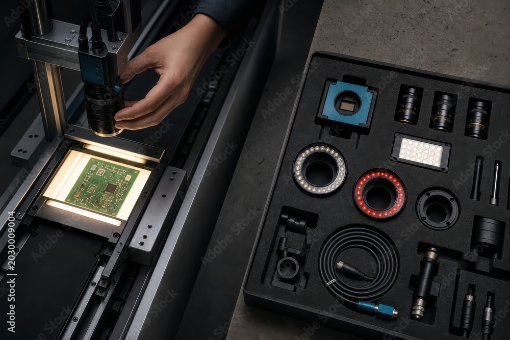 Fototapeta premium Microscope inspecting circuit board with illuminated electronics workspace and accessory kit on dark tabletop