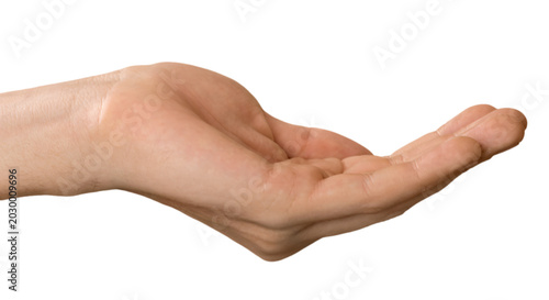 Human hand palm up offering something.