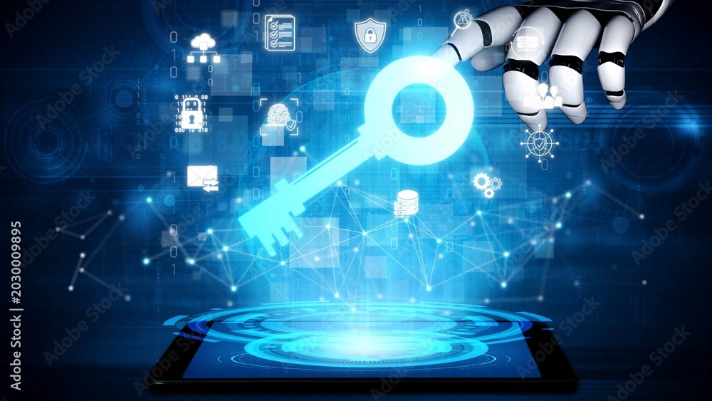 Obraz premium Futuristic Robotic Hand Reaching for Digital Key to Unlock Cybersecurity and Data Protection in Technology and Internet Connections Sigmoid