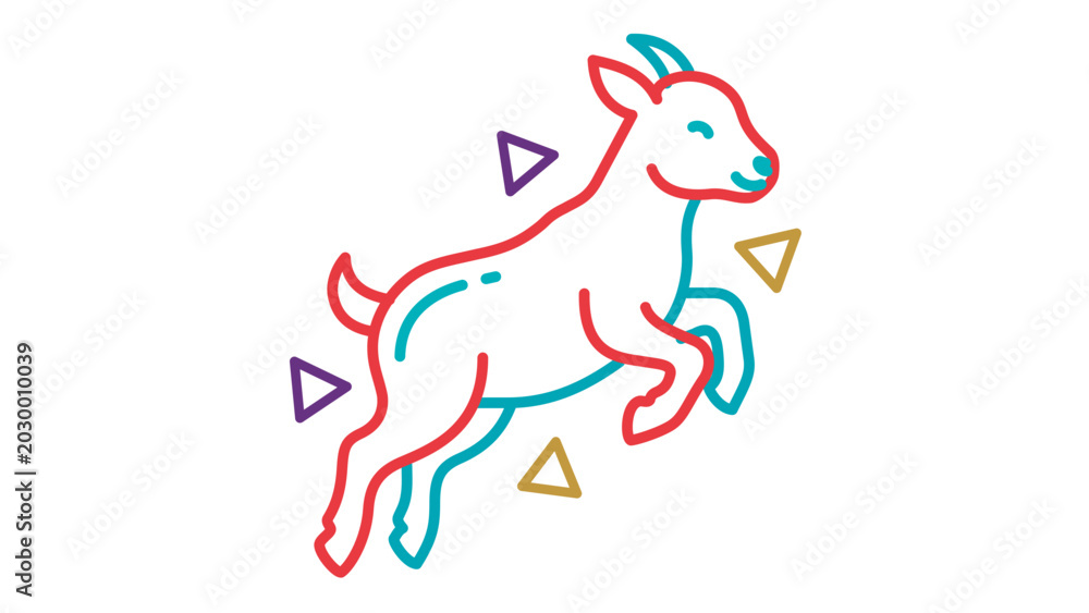 Fototapeta premium Vibrant jumping baby goat kid vector illustration; clean multi-color line art with editable stroke, adjustable stroke, customizable stroke weight, line weight, editable thin line, and stroke.