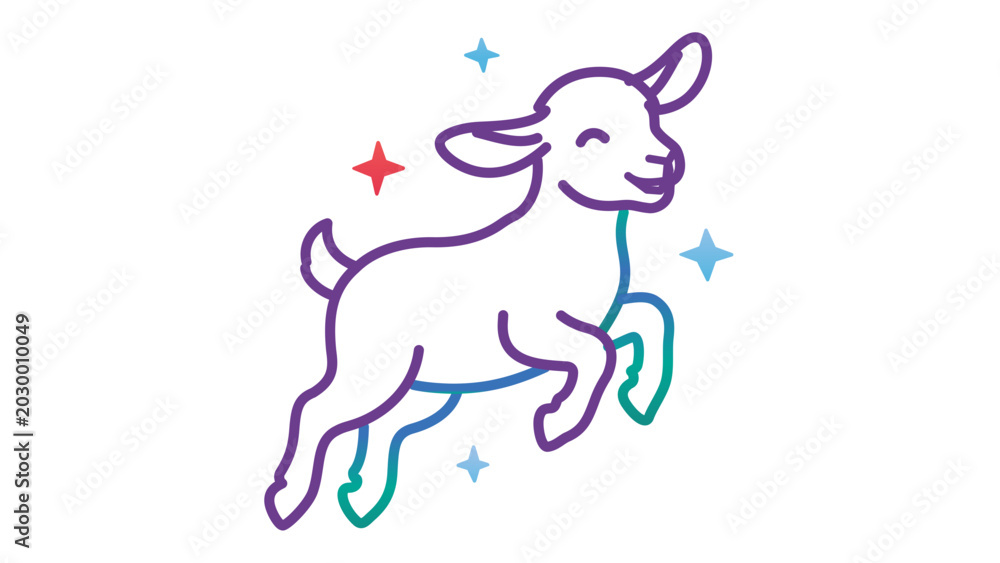 Fototapeta premium Adorable baby goat kid vector illustration featuring editable stroke and adjustable line weight. Minimalist multi-color line art of a playful farm animal with stars, ideal for modern icon design.