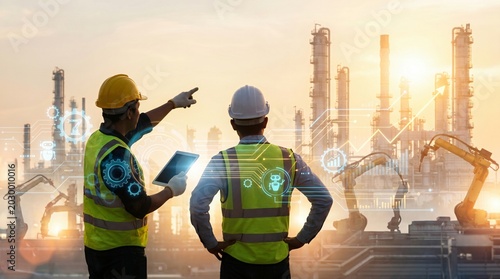 Engineers planning industrial plant operations with digital technology