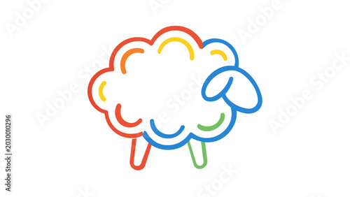 Multi-colored line art vector illustration of a fluffy sheep grazing, featuring clean outlined strokes in red, blue, yellow, and green, perfect for farm animal and rural life themed designs.