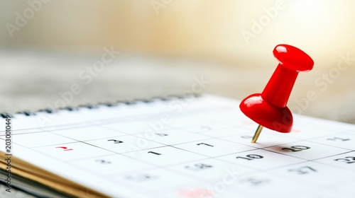 Red push pin marking an important date on a calendar page, highlighting a deadline or special event upcoming