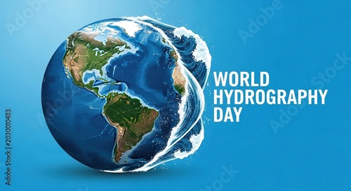 Earth globe centered on the Americas with water splash effect for World Hydrography Day