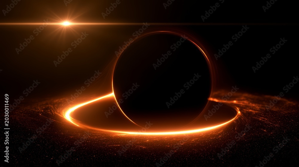 Obraz premium Black hole pulling luminous gas into accretion disk, capturing light. Gravitational singularity attracting matter