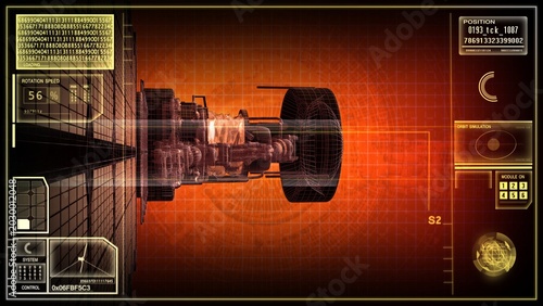 Futuristic computer program analysing a modern satellite for a space mission