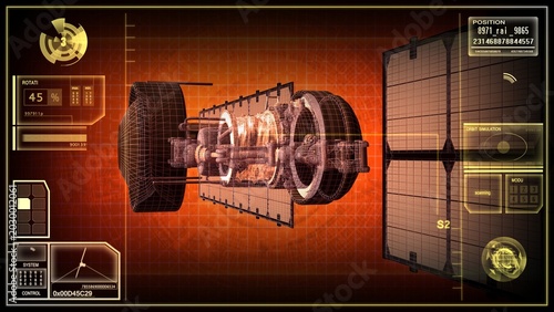 Futuristic blueprint of a modern satellite model. Computer display analyzing the structure