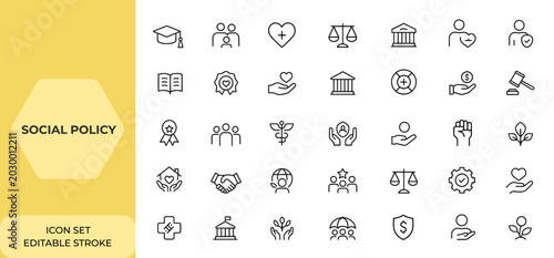Photos Line Style Social Policy Icon Set – Editable Stroke Collection of Linear Social