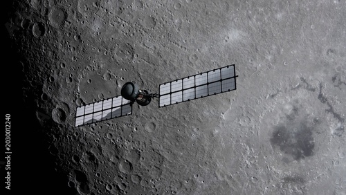 Foto Satellite hovering closely over the gray surface of the Earth's  moon at night