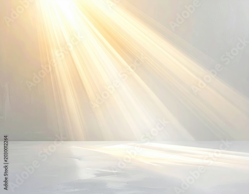 Golden light beams diagonally illuminate a white, textured wall and floor