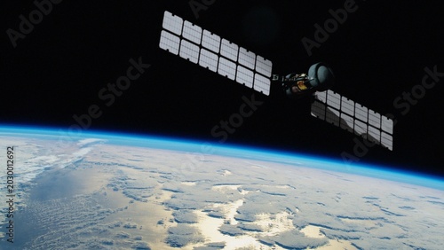 Satellite hovering over the blue planet Earth to provide weather forecasting and GPS signal. NASA Public Domain Imagery