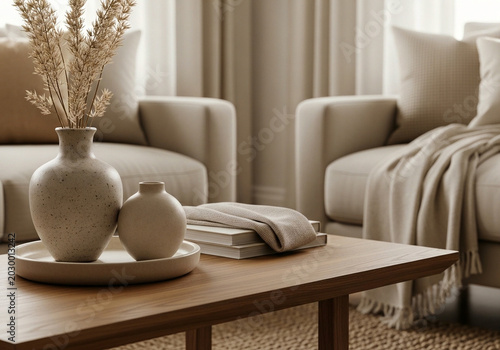Cozy Living Room with Neutral Tones and Minimalist Decor