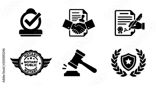 Fotografie Notary Public Black Vector Icons, Legal Document Certification, Justice and Law