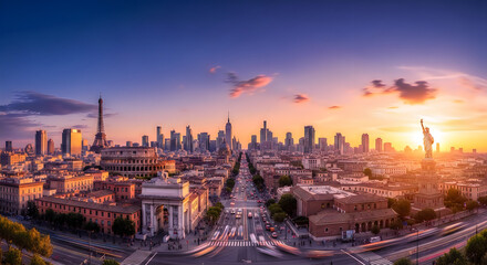 Panoramic view of New York City and Paris skylines at sunset with iconic landmarks.