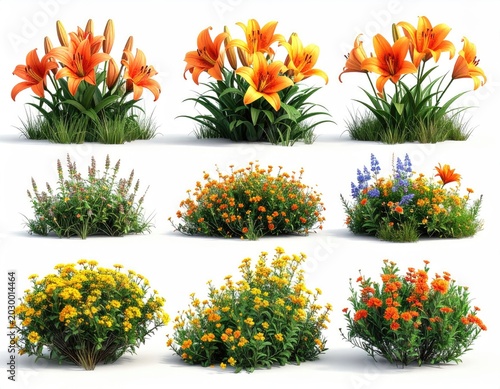 Vibrant garden displays of blooming orange, yellow, and purple flowers