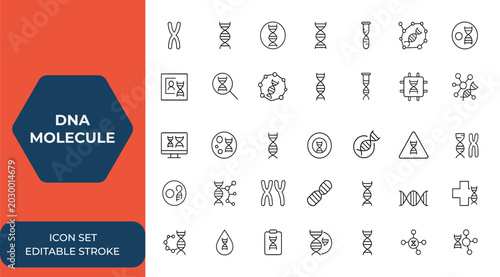 Foto DNA molecule icon set: Chromosome vector illustration with DNA structure symbols, genetic material icons, biology, science, genetics, helix, cell, genome, bioinformatics, medical and more